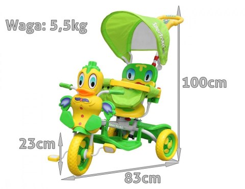 3-kołowy Rowerek dla dzieci Kaczka Zielony + Dźwięki + Daszek + Barierka + Podnóżek + Rączka + Schowek
