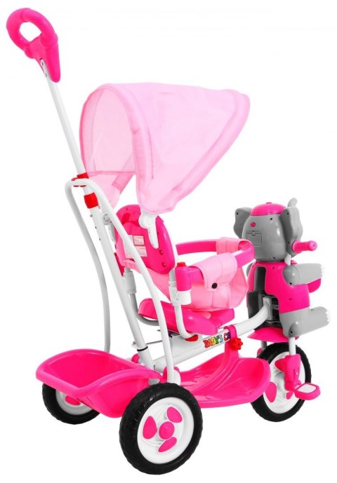 3-kołowy Rowerek dla dzieci Słonik Różowy + Dźwięki + Daszek + Barierka + Podnóżek + Rączka + Schowek