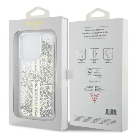 GUESS futerał do IPHONE 15 Pro GUHCP15LLFCSEGT (Liquid Glitter Gold Stripes) transparentny