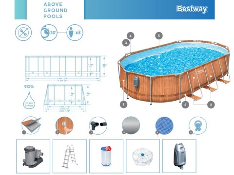 Basen stelażowy Bestway 610x366x122 deska 10w1 pompa drabinka + LED 56719