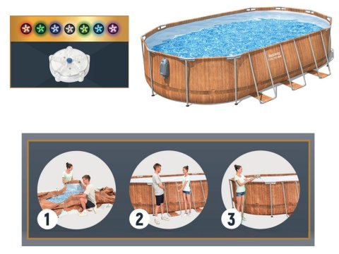 Basen stelażowy Bestway 610x366x122 deska 10w1 pompa drabinka + LED 56719