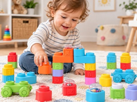 Gumowe klocki 3w1 - miękkie, sensoryczne, dźwiękowe, świetlne 32ele ZA6435
