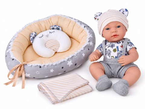 Lalka Bobas 40 cm + Nosidełko Poduszka Kocyk Zestaw do zabawy w dom ZA6622