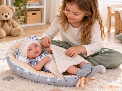 Lalka Bobas 40 cm + Nosidełko Poduszka Kocyk Zestaw do zabawy w dom ZA6622