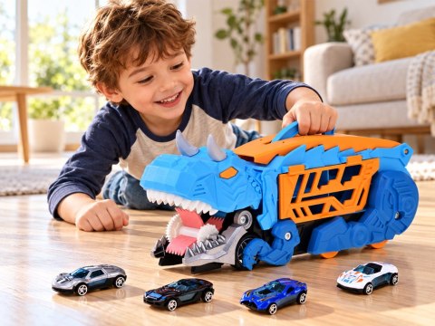 Rozkładane auto 2w1 DINOZAUR garaż zjada pojazdy + znaki i resoraki ZA6595