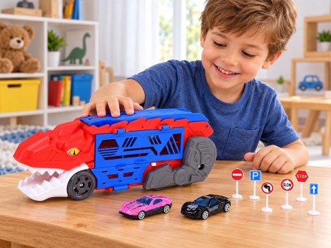 Rozkładane auto 2w1 DINOZAUR i garaż wyrzutnia + znaki i resoraki ZA6616