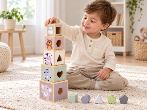 Drewniana piramida edukacyjna + sorter kształtów 2w1 Stonowany kolor ZA6484