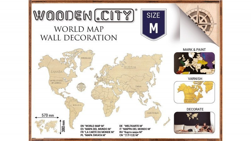 Mapa Świata na ścianę drewniana puzzle 3D 57x38 cm
