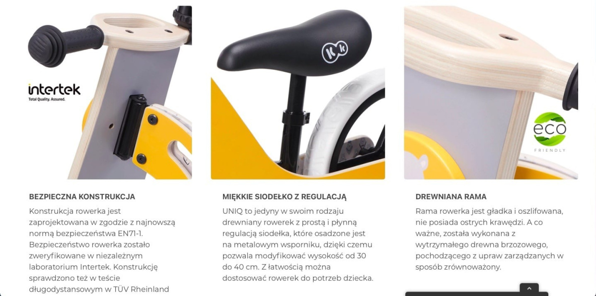 Rowerek biegowy drewniany Kinderkraft UNIQ żółty Rowerek biegowy drewniany Kinderkraft UNIQ żółty