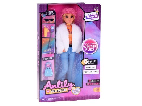 Modna lalka influencerka Anlily zimowy outfit futerko akcesoria ZA5701
