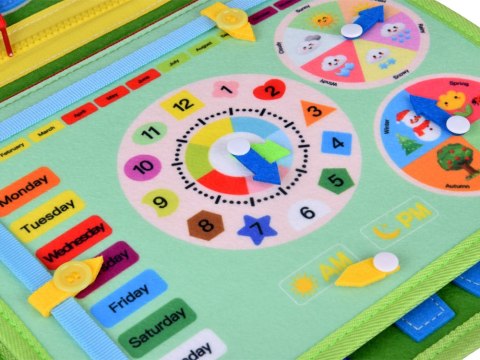 Materiałowa edukacyjna książeczka manipulacyjna Montessori zegar ZA6022
